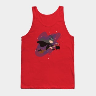 Kawaii Witch Flying in the moonlight With Her Black Cat and Cauldron Tank Top